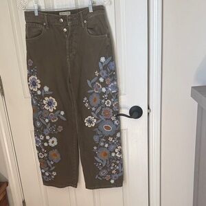 Free People Wide-Leg Jeans with Blue and Cream Floral Embroidery
